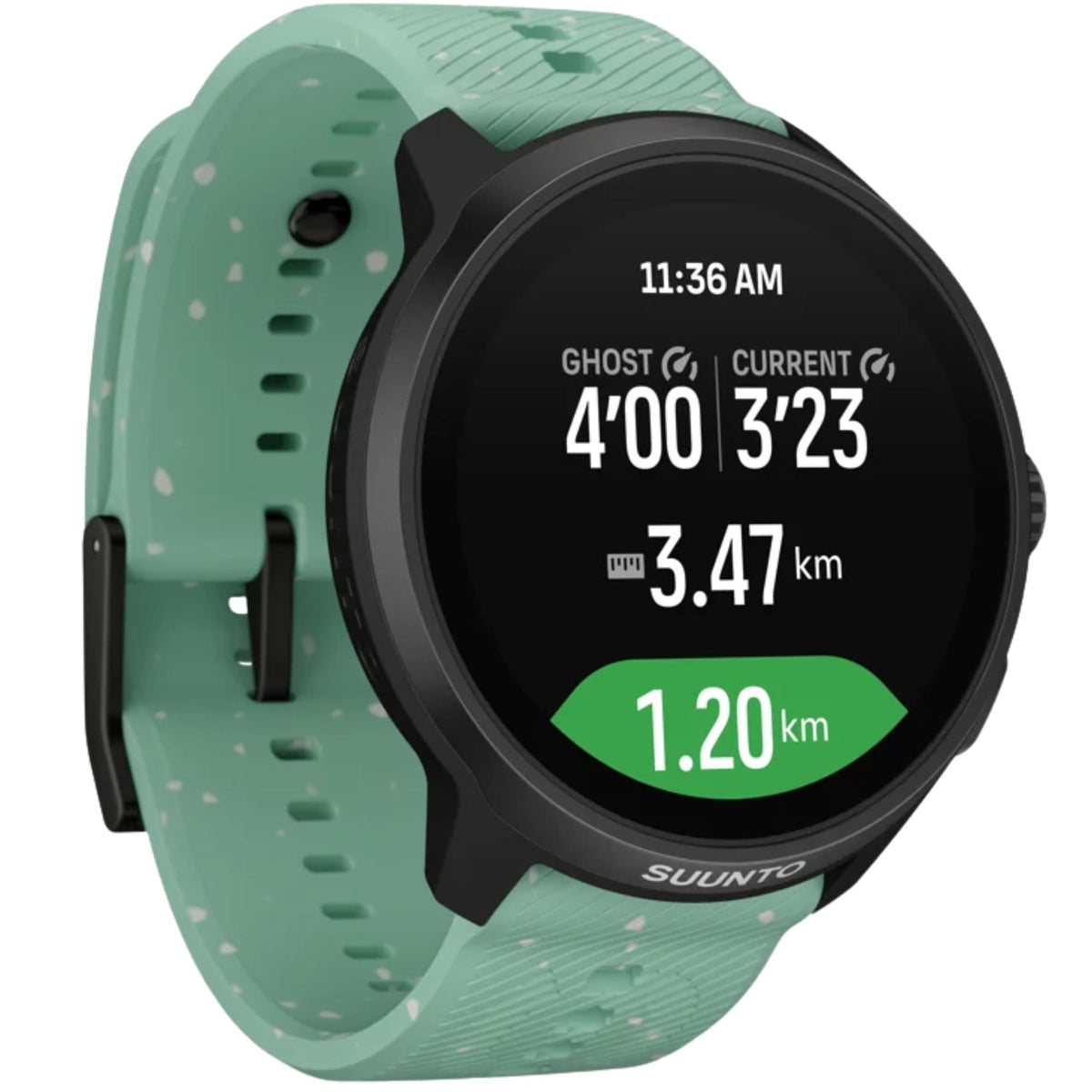 Suunto Run 2 SS051725000 angled front view showing workout tracking screen and aloe green silicone strap