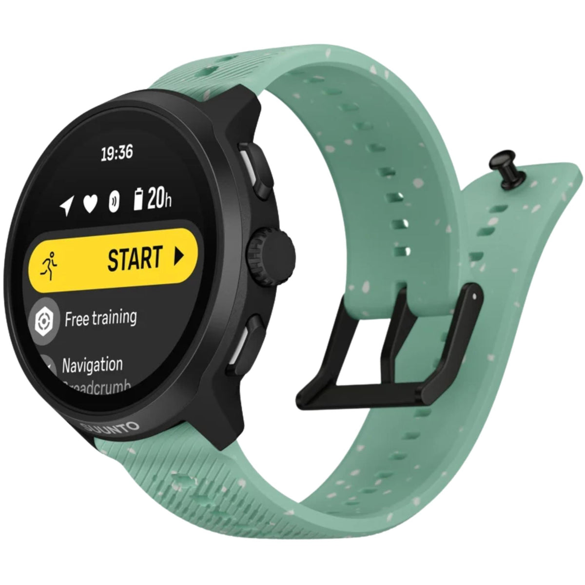 Suunto Run 2 SS051725000 side perspective showing activity menu on digital screen with buckle closure
