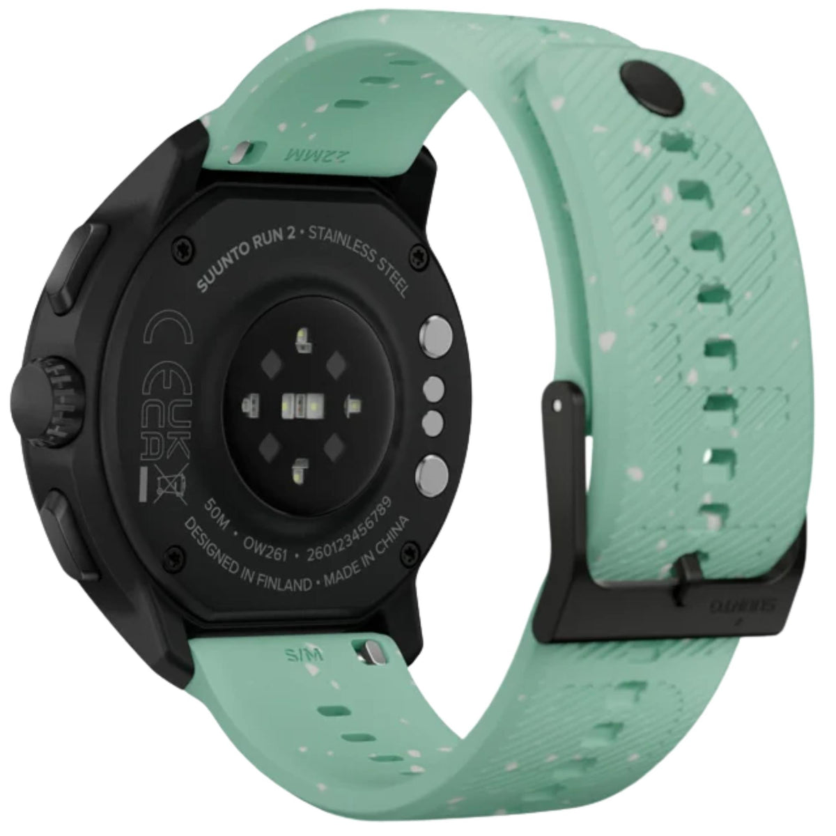 Suunto Run 2 SS051725000 back view highlighting optical heart rate sensor, case back engravings, and aloe green silicone strap