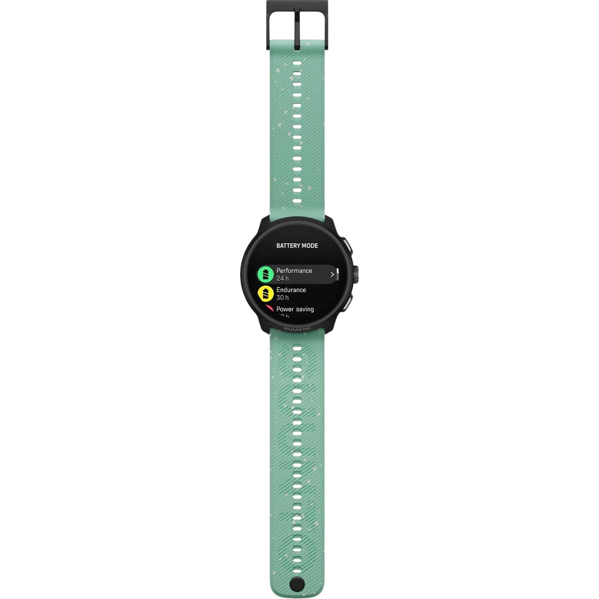 Suunto Run 2 SS051725000 full length view showing battery mode menu with aloe green silicone strap
