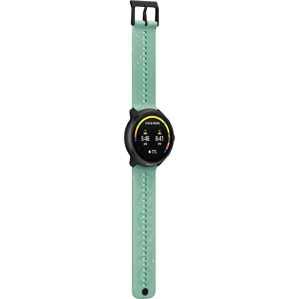 Suunto Run 2 SS051725000 full length profile displaying sun and moon widget screen with aloe green silicone strap