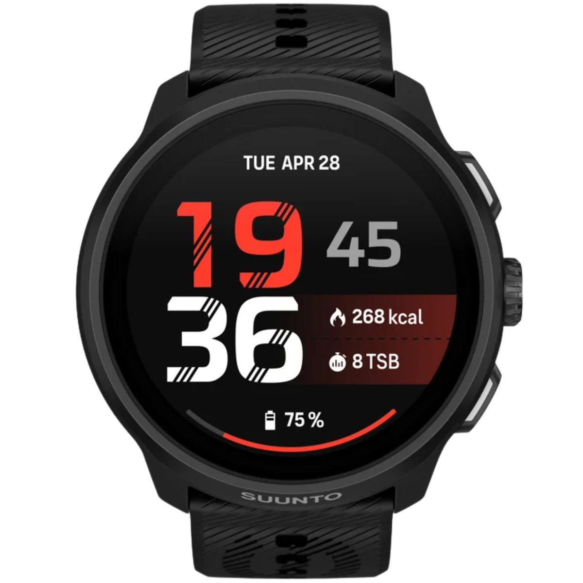 Suunto Run SS051639000 front view displaying digital time display on AMOLED screen with black silicone strap