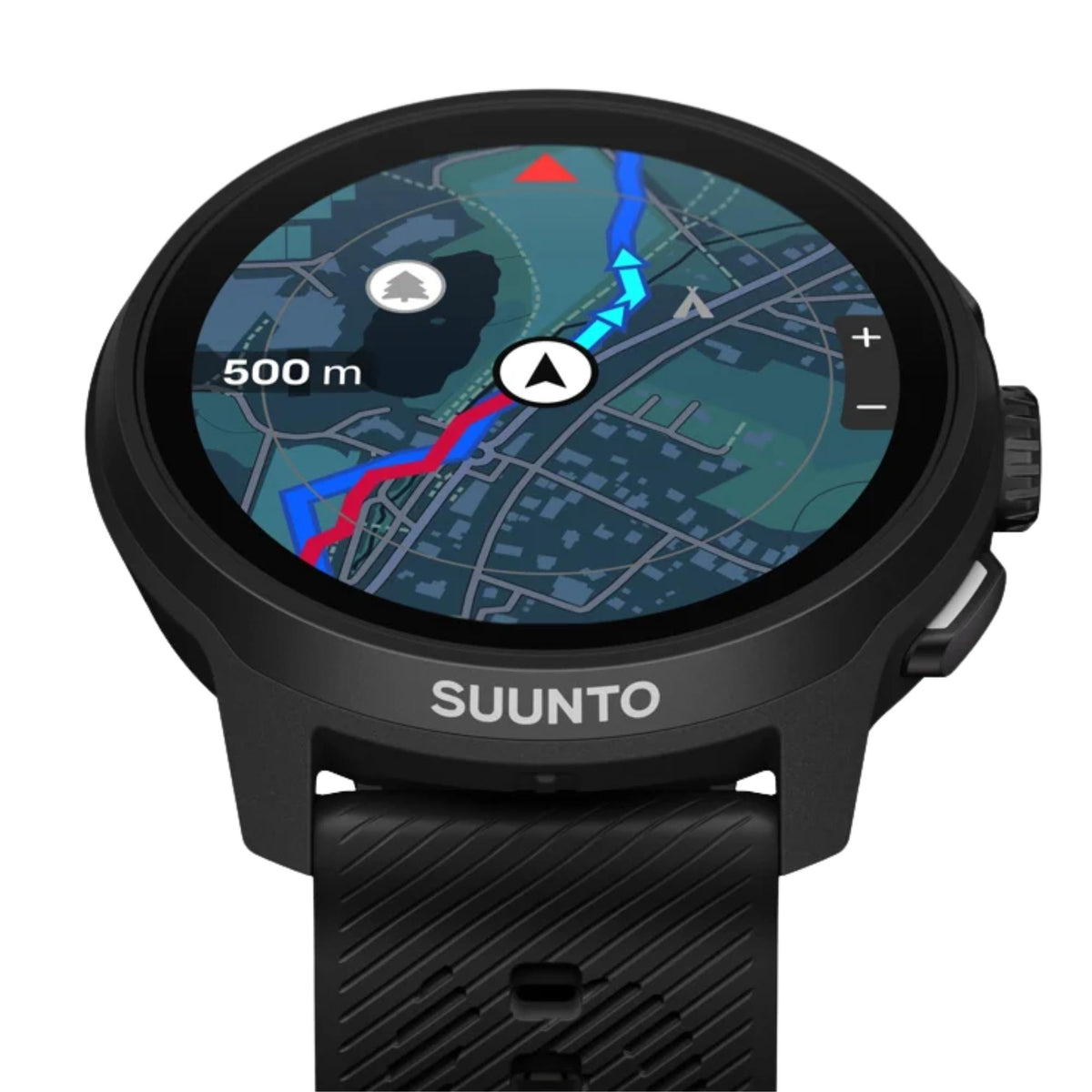 Suunto Run SS051639000 close-up profile showing navigation map screen with black silicone strap