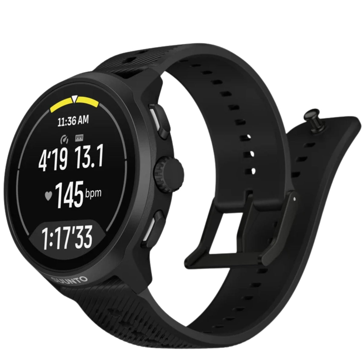 Suunto Run SS051639000 angled view featuring active exercise metrics screen with black silicone strap