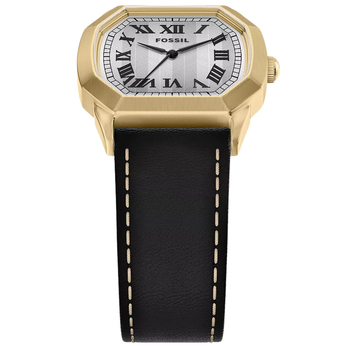 Top-angled view of the Fossil Harlow FS6215 watch showing the octagonal gold-tone case and cream dial