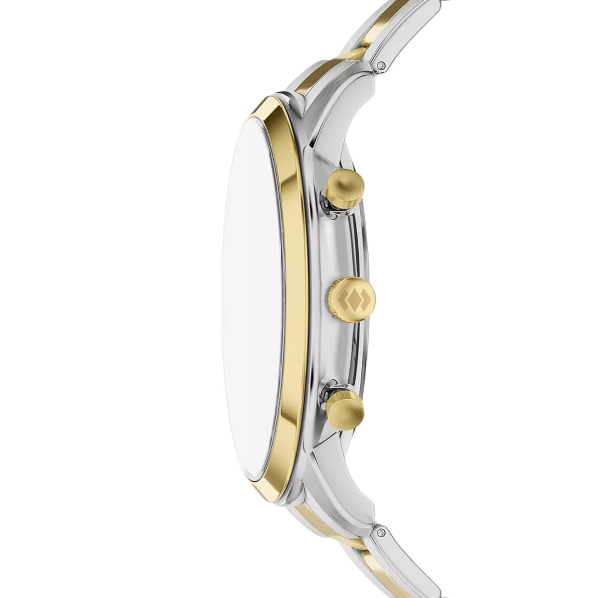 Side profile of the Fossil Neutra FS6189 wrist watch detailing the two-tone case construction, gold crown, and dual chronograph pushers