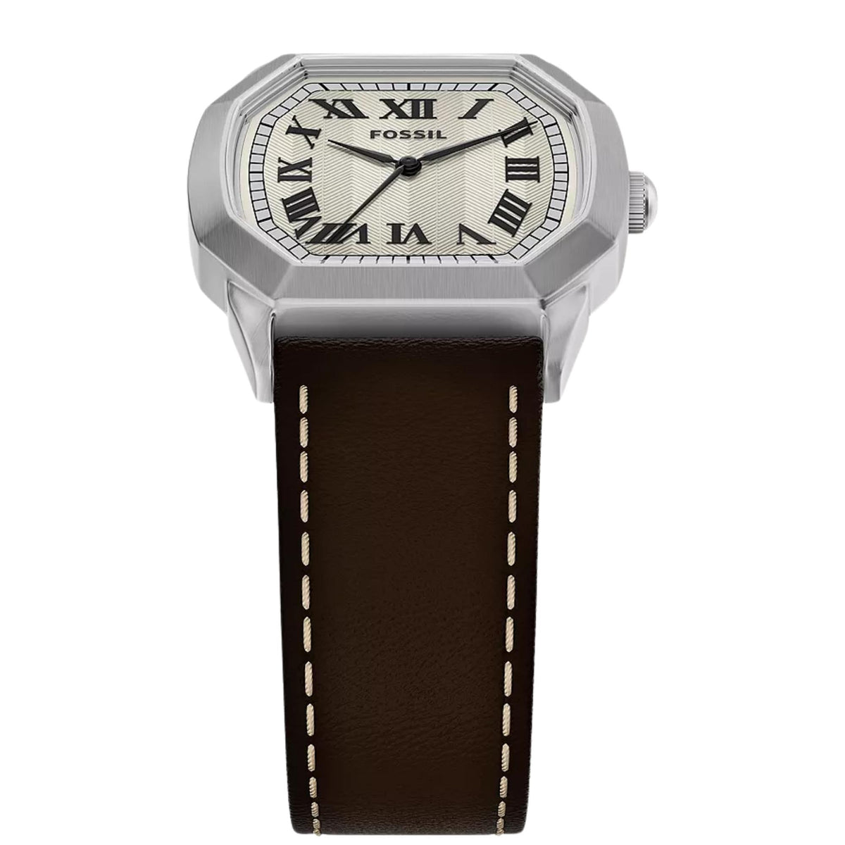 Top-angled view of the Fossil Harlow FS6214 watch showing the octagonal stainless steel case and cream dial