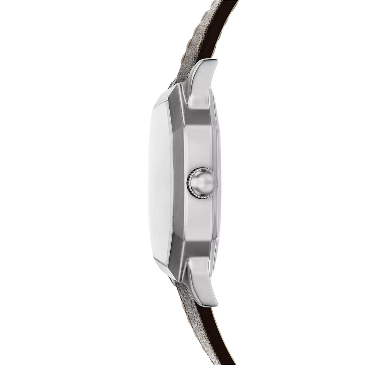 Side profile of the Fossil Harlow FS6214 wrist watch highlighting the silver-tone case design and smooth crown