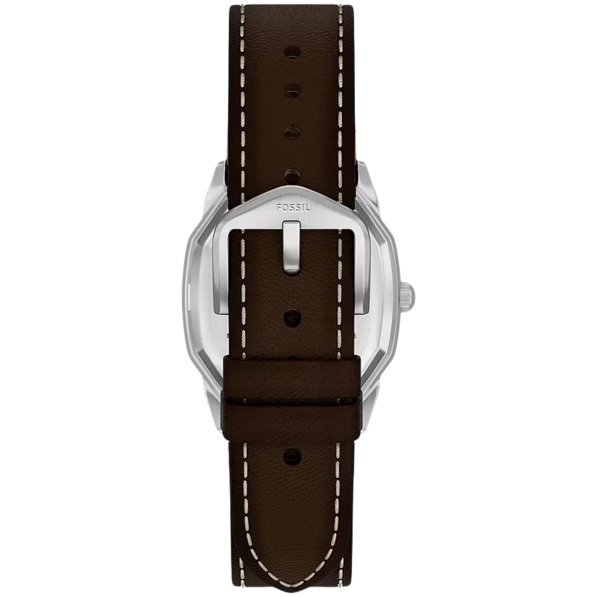 Rear view of the Fossil Harlow FS6214 mens watch showing the brown leather strap with white stitching and silver-tone pin buckle