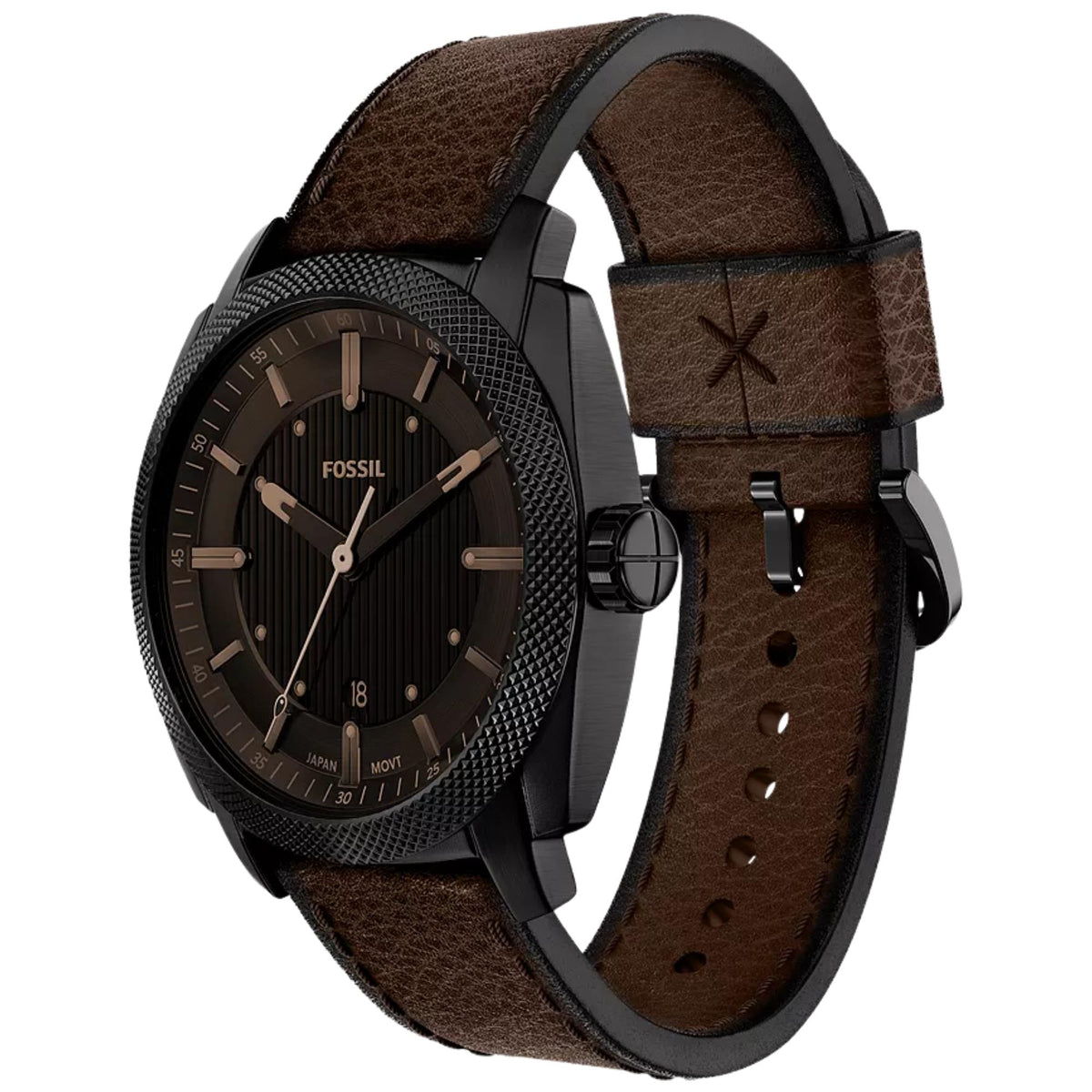 Three-quarter perspective of the Fossil Machine FS6187 watch displaying the black dial, black case, and textured brown strap
