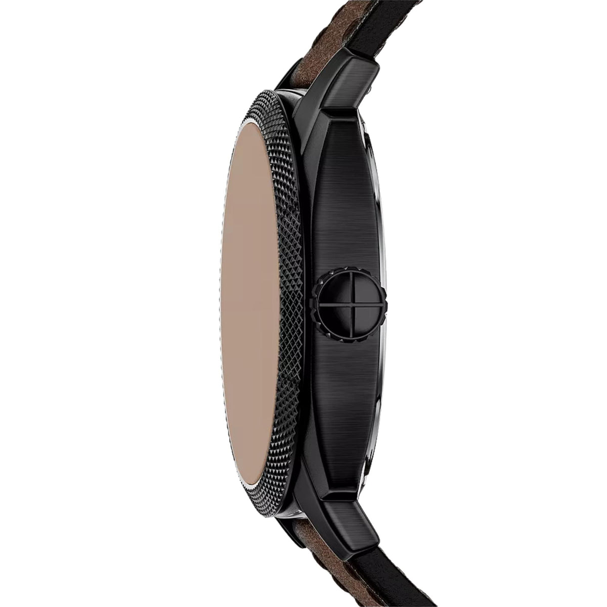 Side profile of the Fossil Machine FS6187 wrist watch detailing the black-tone case construction and grooved crown