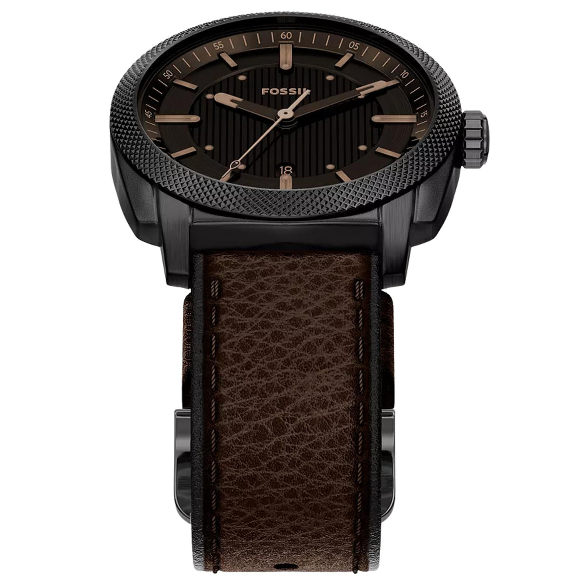 Top-angled view of the Fossil Machine FS6187 watch showing the black dial, knurled bezel, and brown leather strap