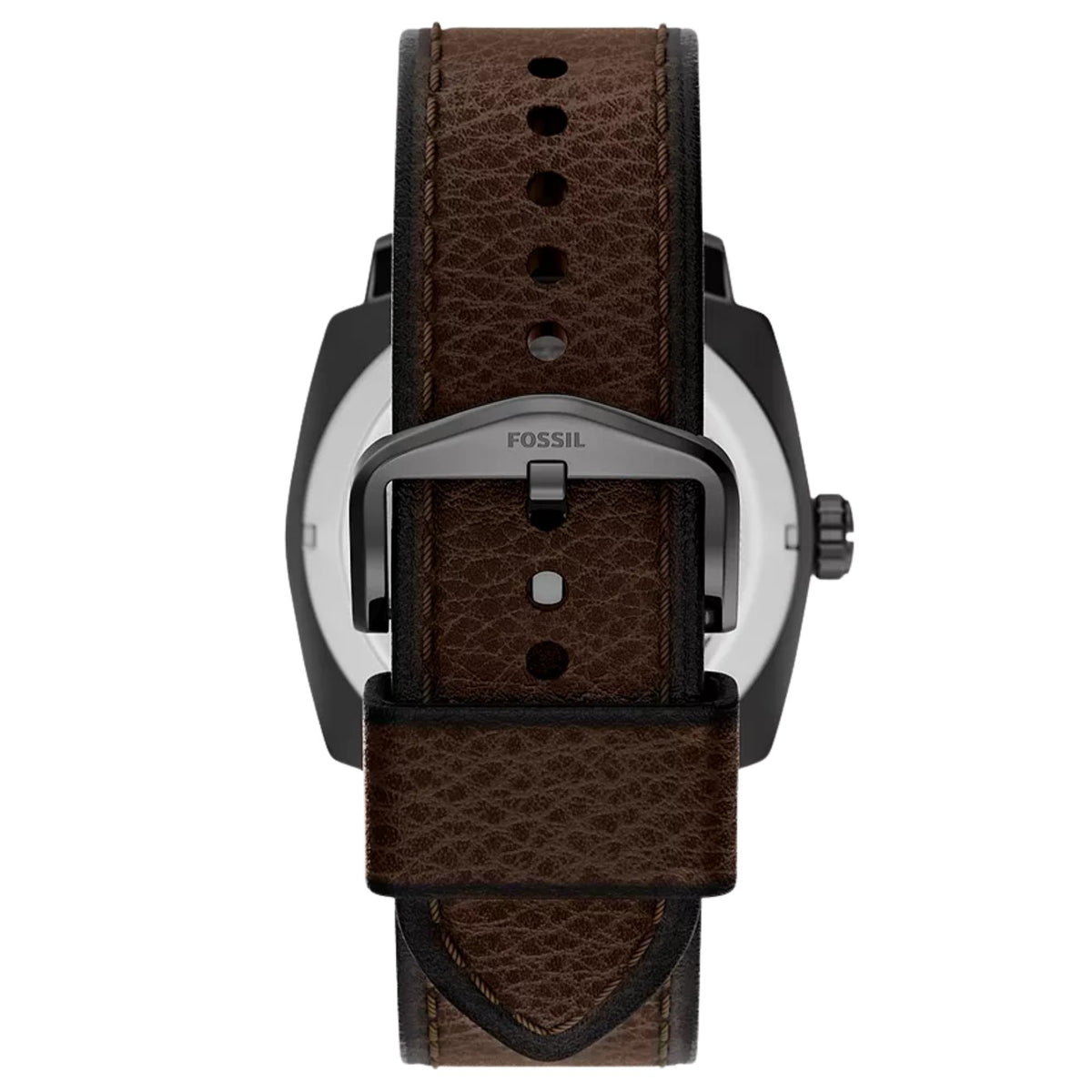 Rear view of the Fossil Machine FS6187 mens watch showcasing the black pin buckle and brown textured leather strap