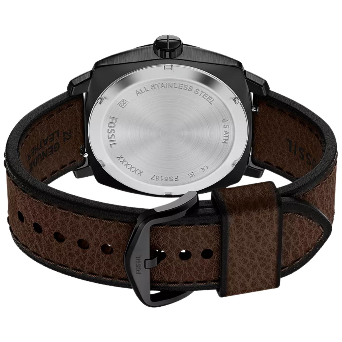 Caseback perspective of the Fossil Machine FS6187 timepiece showing the engraved stainless steel backplate and black buckle strap
