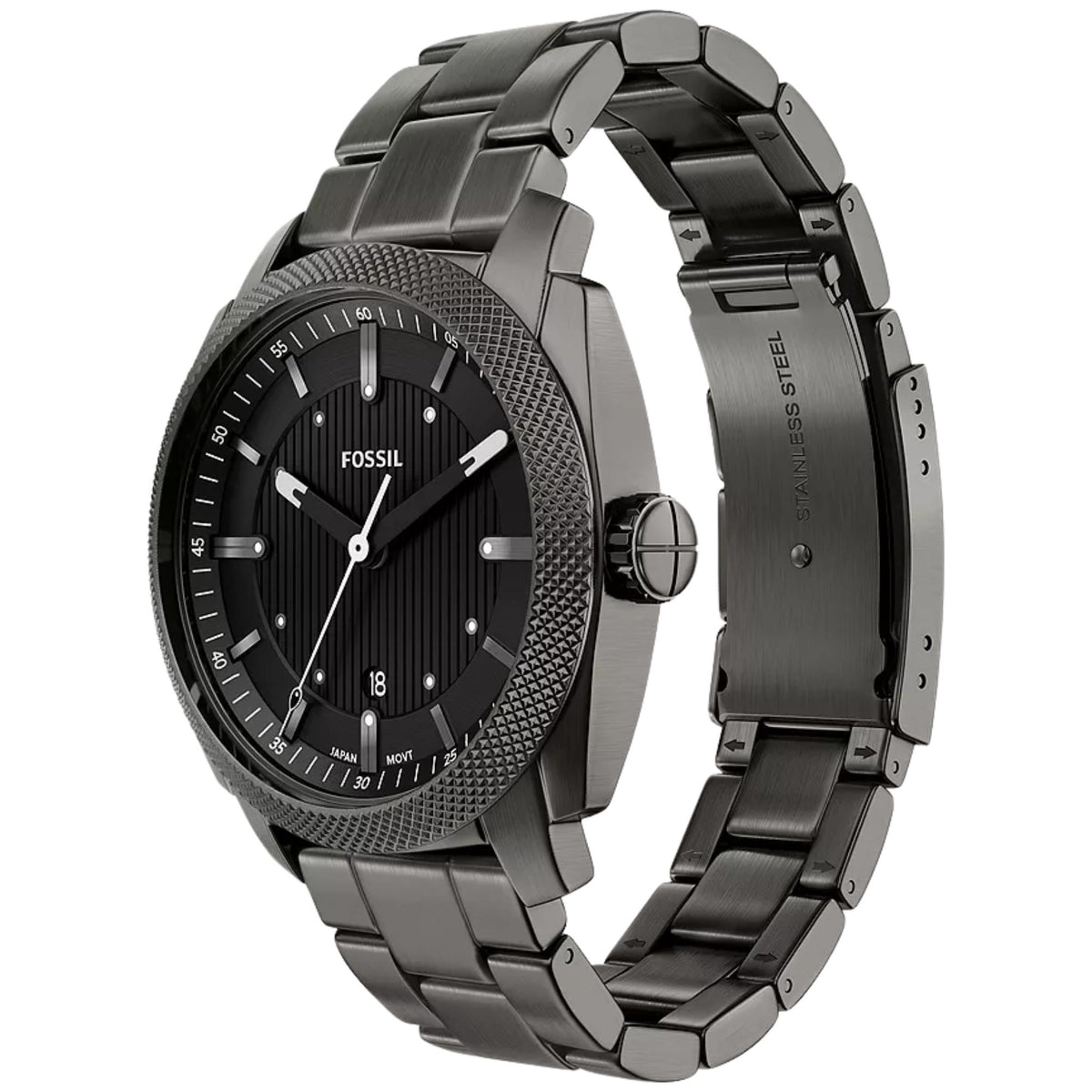 Three-quarter perspective of the Fossil Machine FS6185 watch displaying the black dial, gunmetal-coloured case, and steel link bracelet
