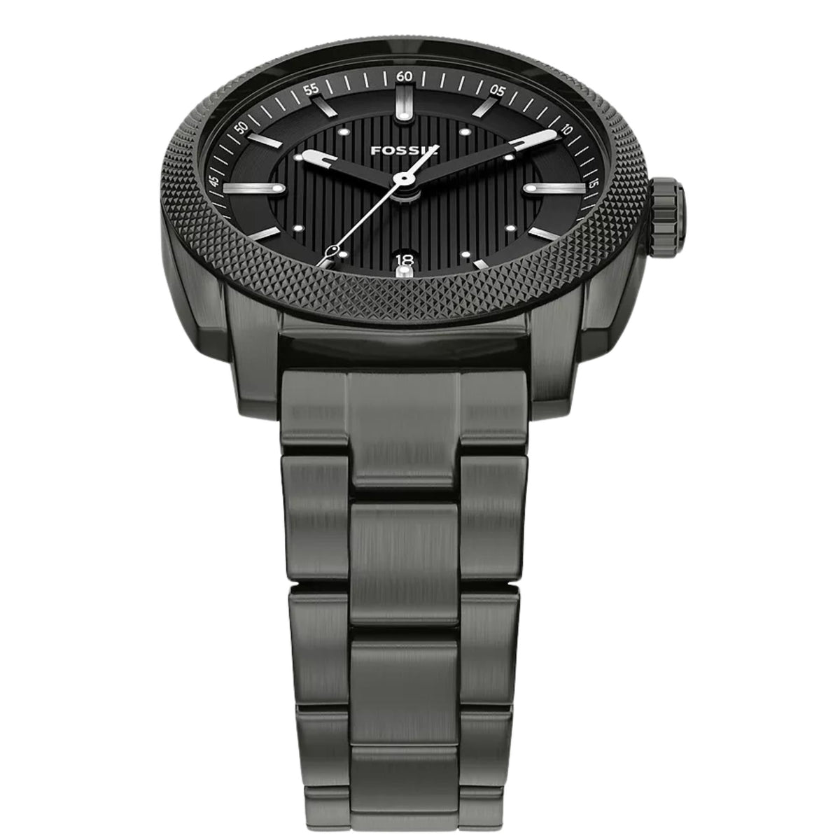 Top-angled view of the Fossil Machine FS6185 watch showing the black dial, knurled bezel, and matching grey steel band