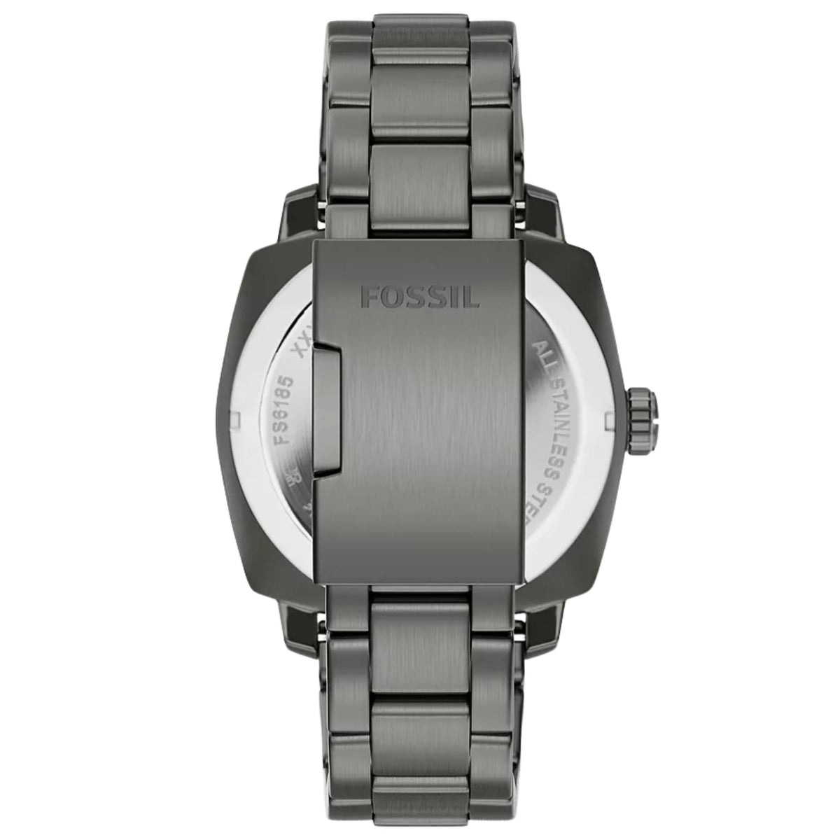 Rear view of the Fossil Machine FS6185 mens watch showcasing the signed deployment clasp and steel link bracelet