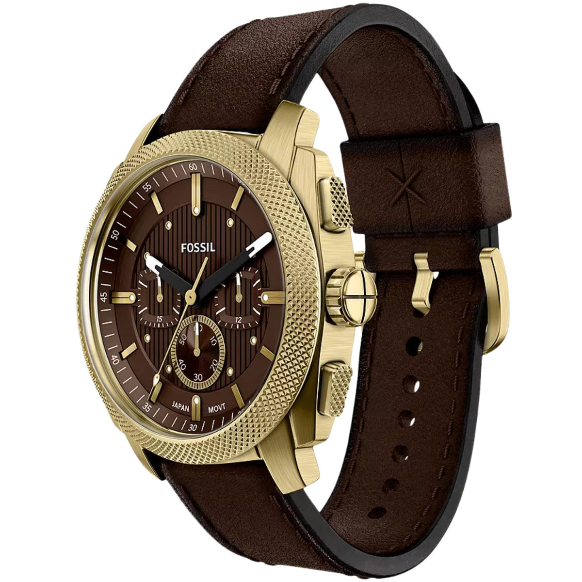 Fossil Machine FS6188 watch three quarter view showing brown dial and leather strap