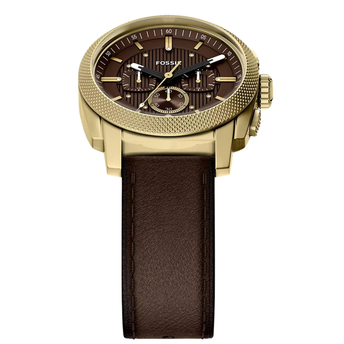 Fossil Machine FS6188 wrist watch angled view with knurled bezel and brown leather strap