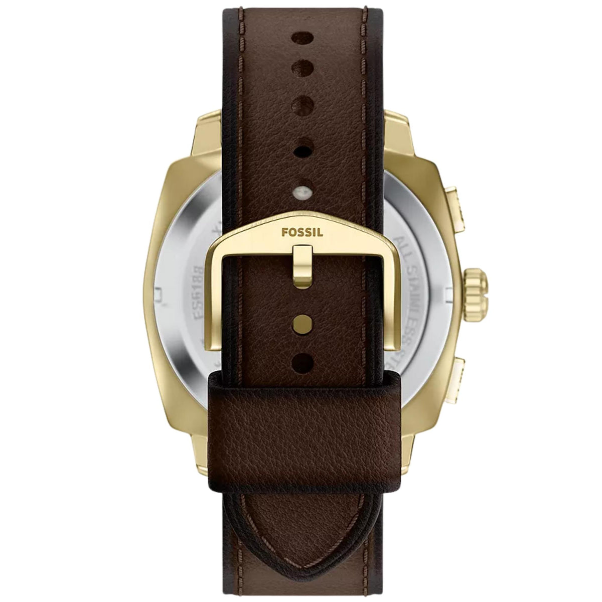 Fossil Machine FS6188 mens watch rear view featuring gold tone pin buckle fastener