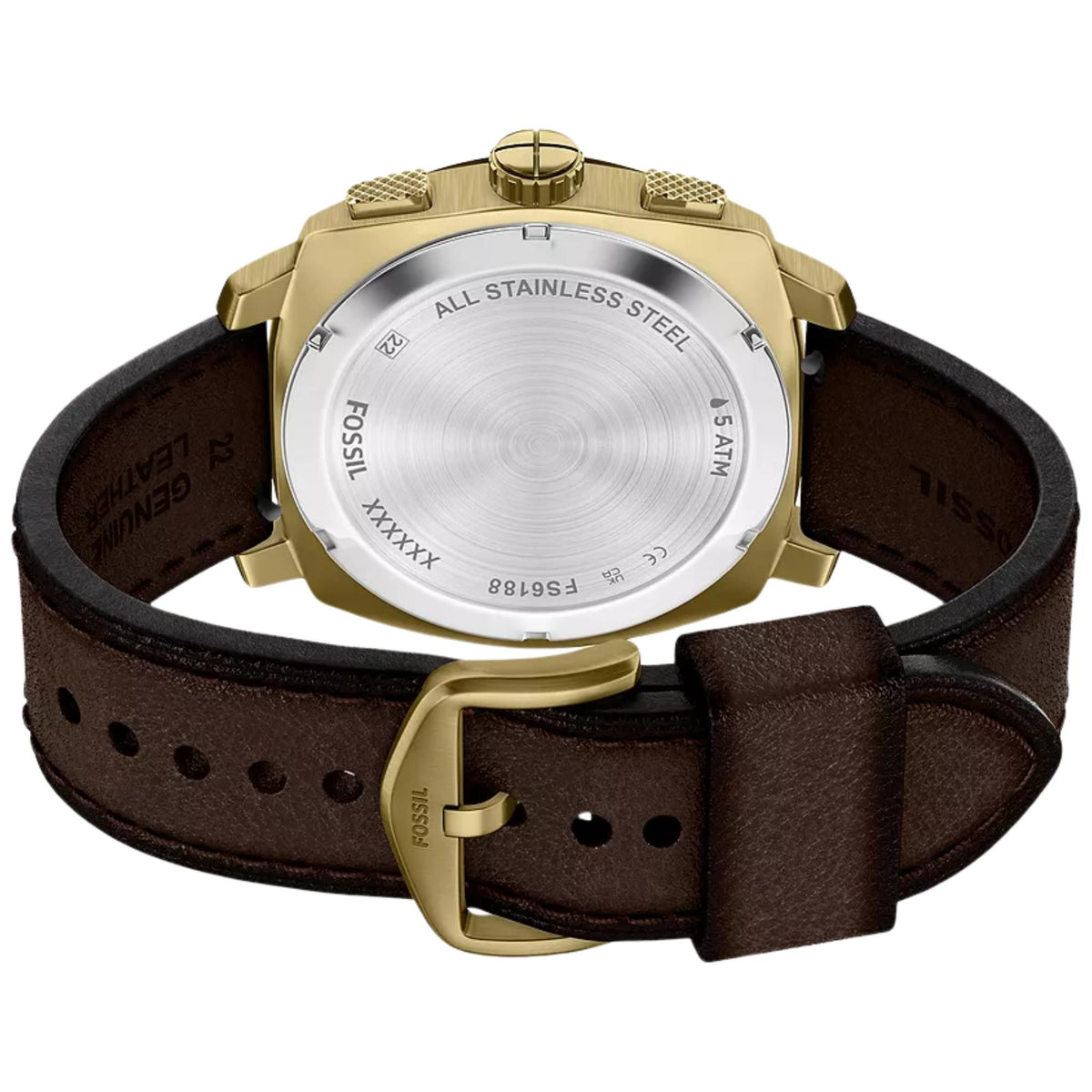 Fossil Machine FS6188 watch backplate view with engraved stainless steel caseback