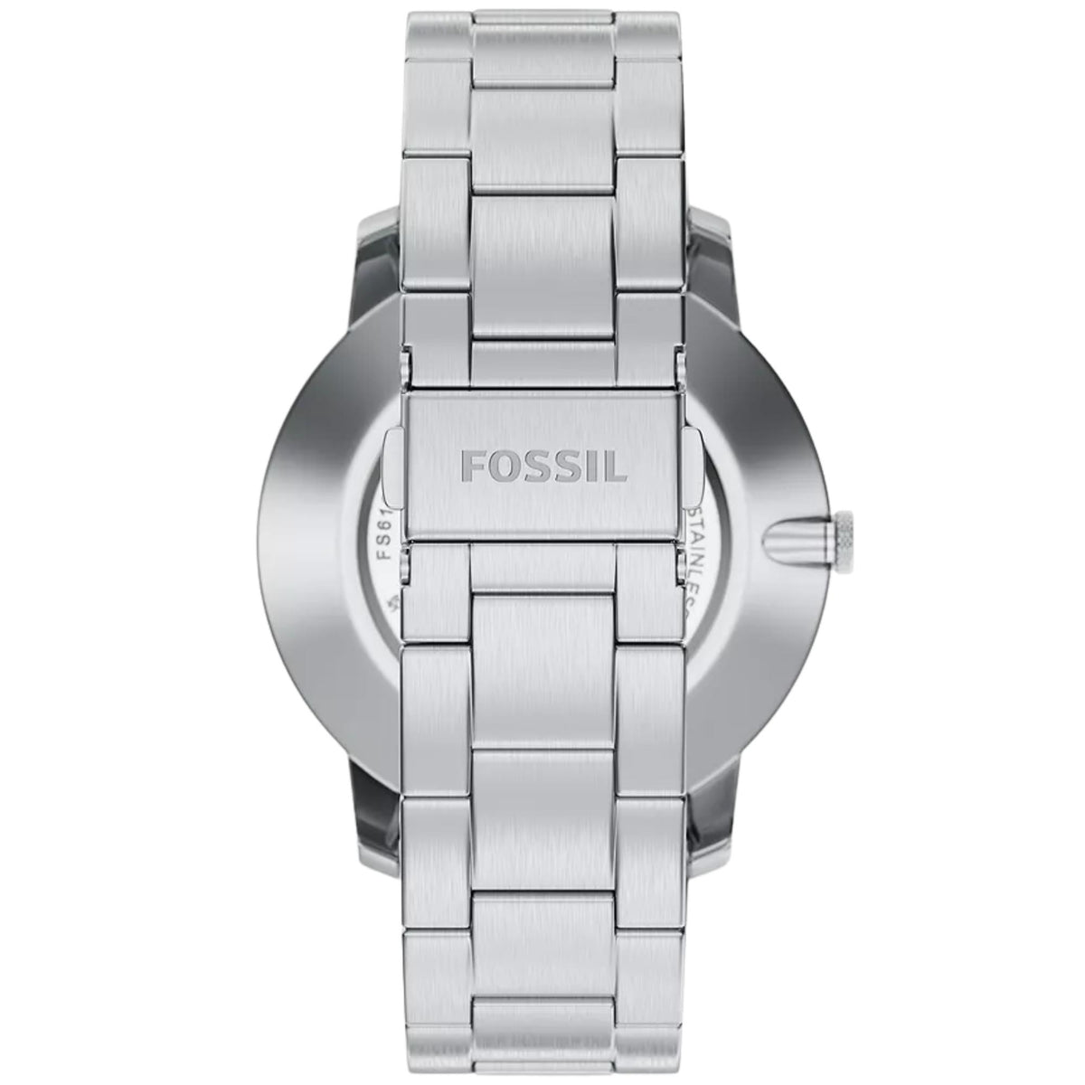 Fossil Minimalist FS6180 mens watch rear view featuring stainless steel bracelet and engraved folding clasp