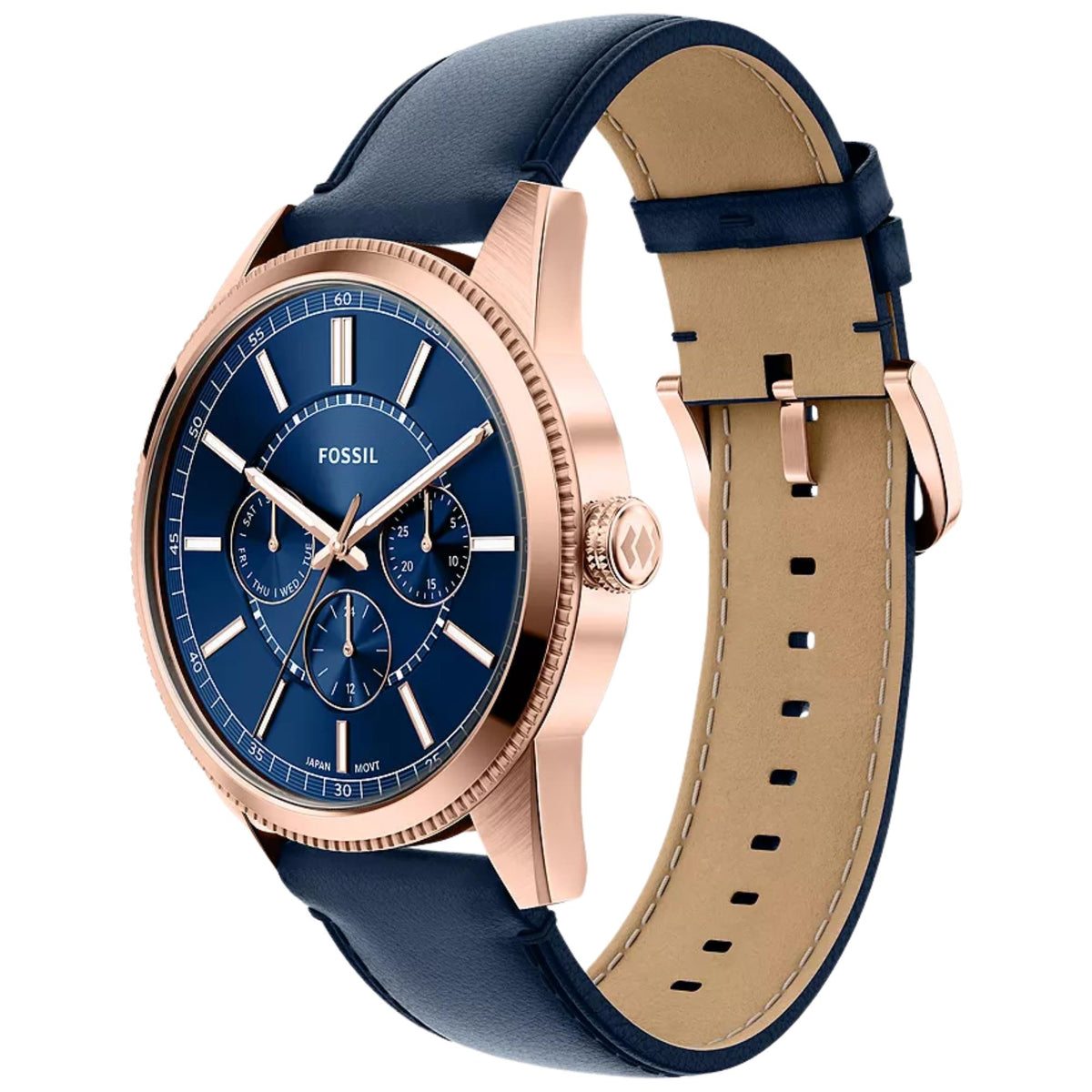Fossil Pearson FS6196 multifunction mens quartz watch angled perspective, featuring a blue dial and a blue leather strap with pin buckle