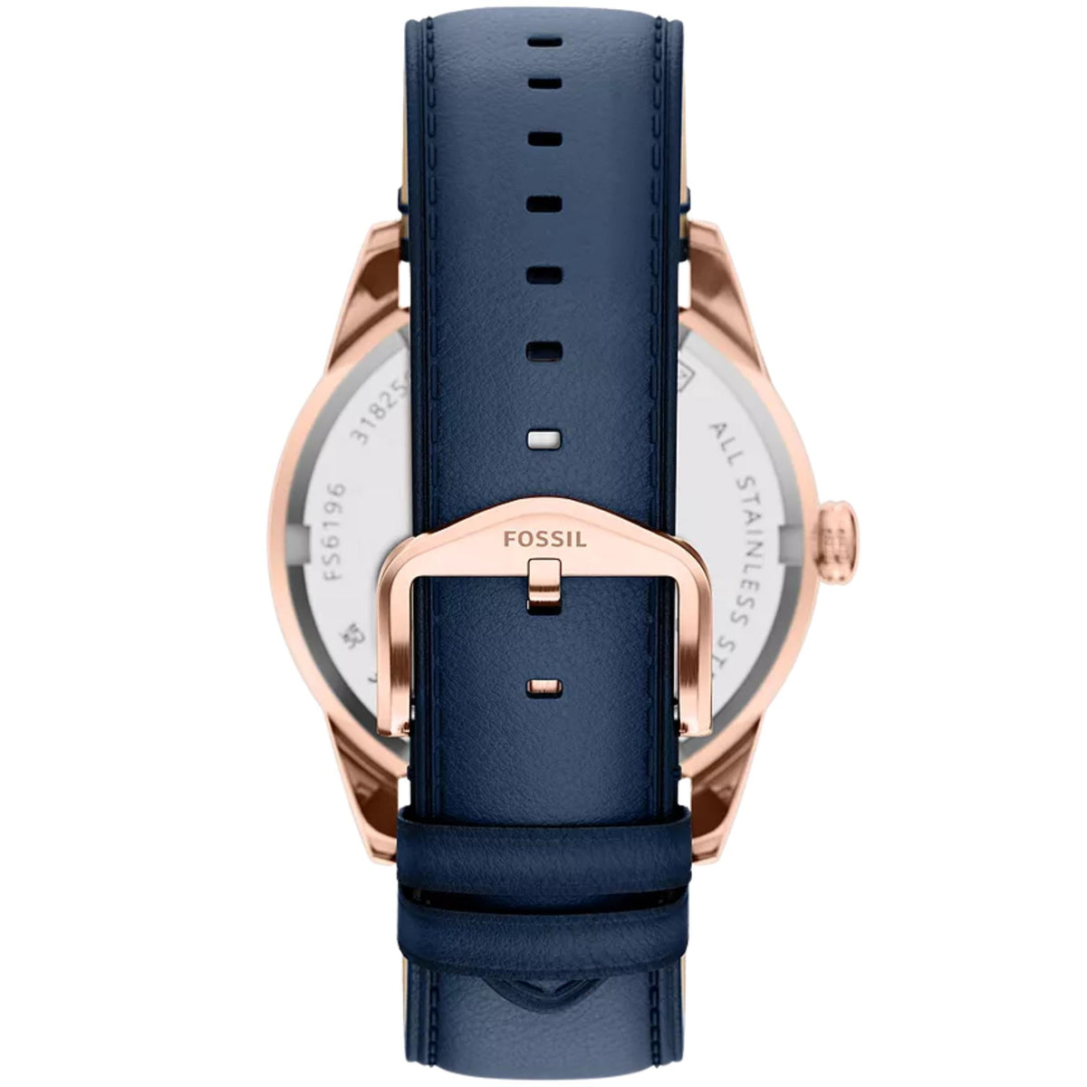 Fossil Pearson FS6196 quartz watch caseback view showing engraved backplate, rose gold buckle, and blue leather strap loop