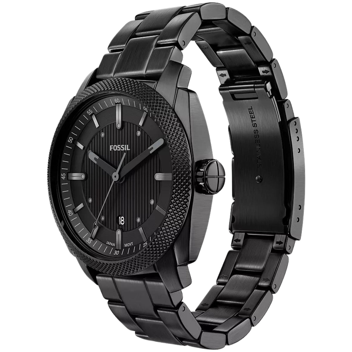 Fossil Machine FS6186 3-hand mens watch side view featuring black dial, date window, and black steel strap