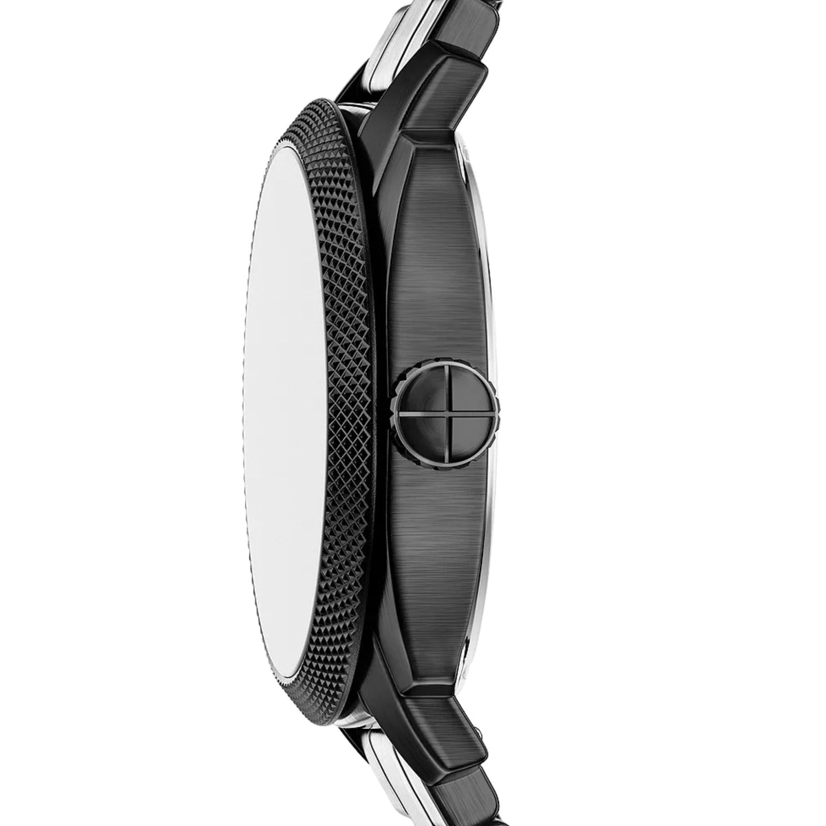 Fossil Machine FS6186 mens watch side profile showing textured knurled crown and black steel case
