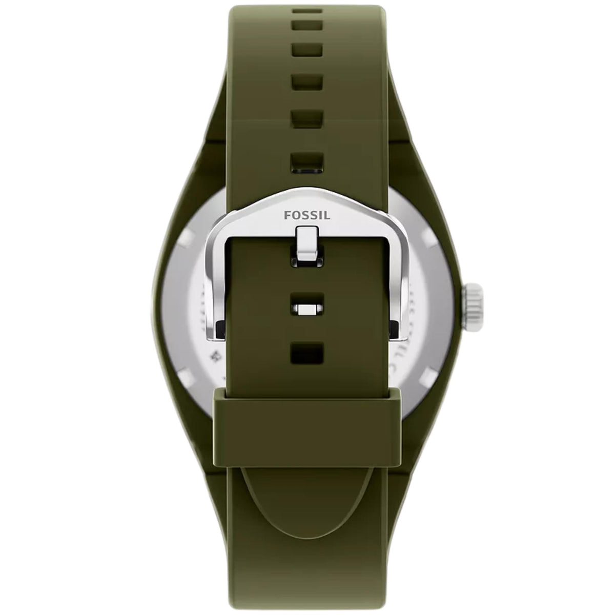 Fossil Everett FS6178 quartz watch back view focusing on silver pin buckle and green silicone strap