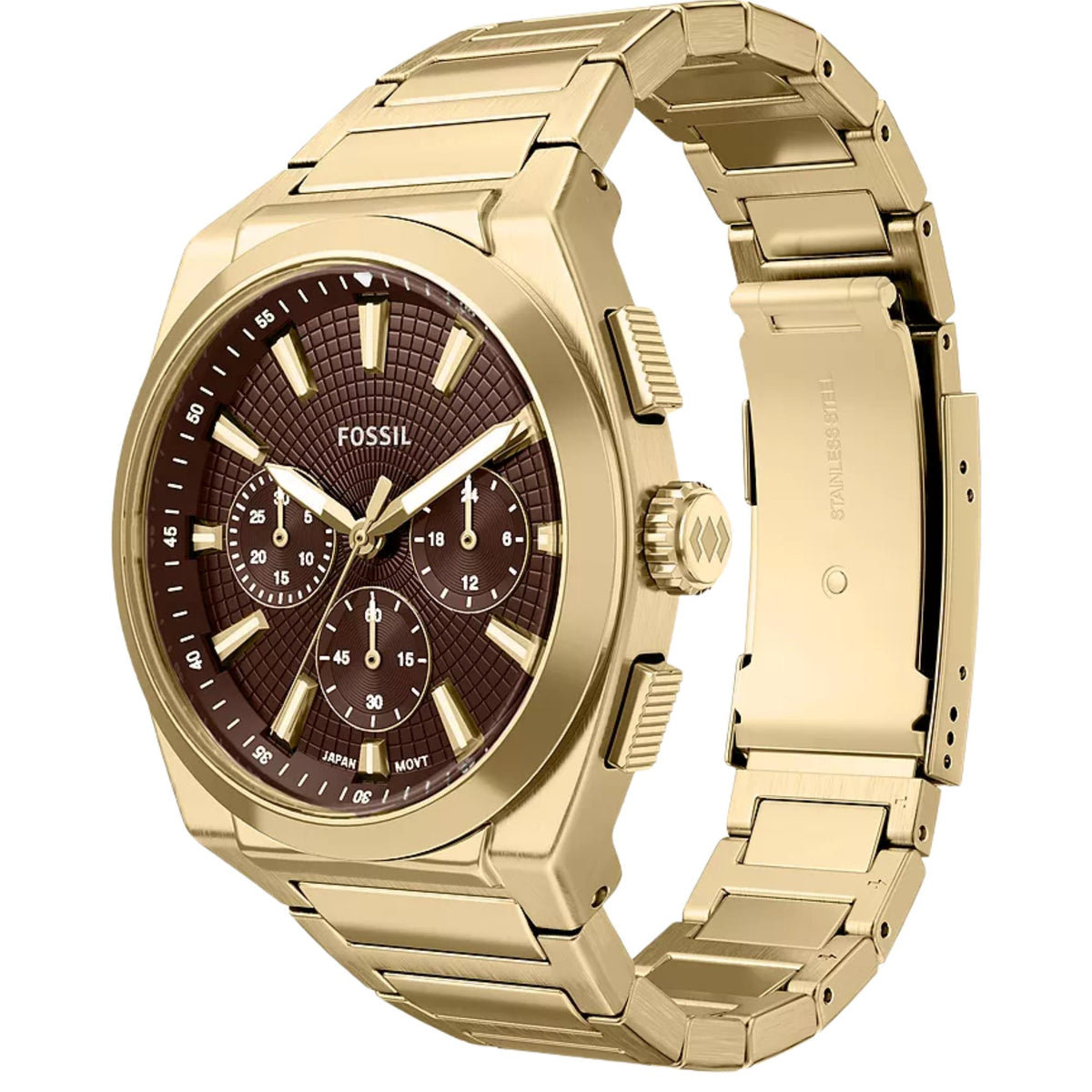 Fossil Everett FS6184 chronograph mens watch three-quarter view showing brown dial and gold stainless steel bracelet