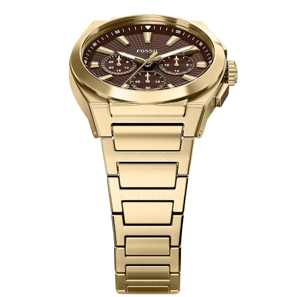 Fossil Everett FS6184 quartz watch top angled perspective showing textured brown dial, gold case, and link bracelet