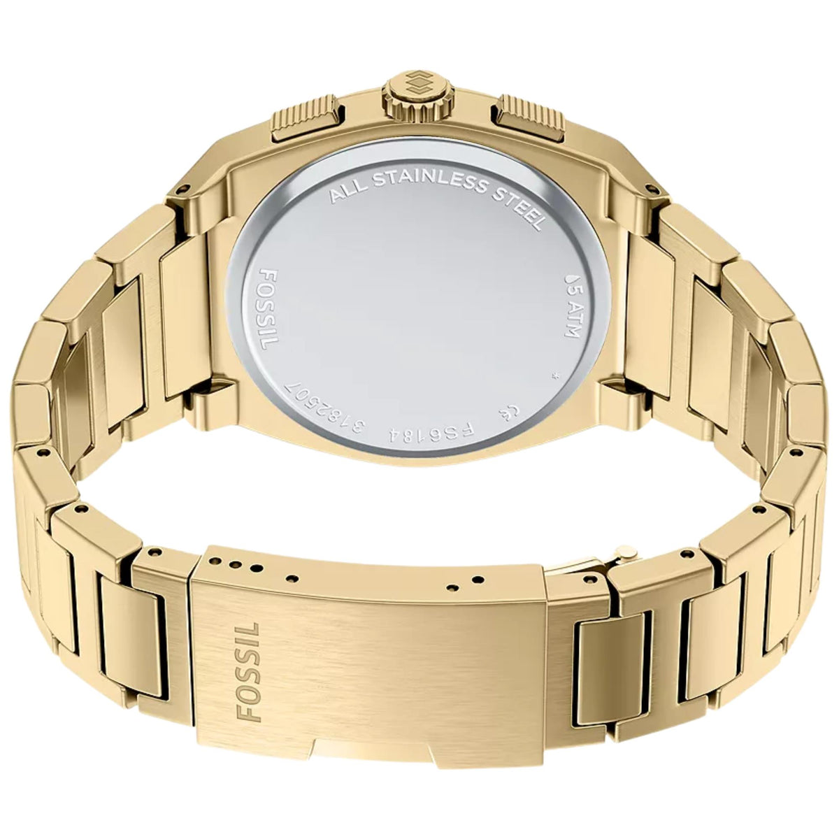 Fossil Everett FS6184 mens watch back perspective displaying stainless steel caseback and open gold-tone bracelet