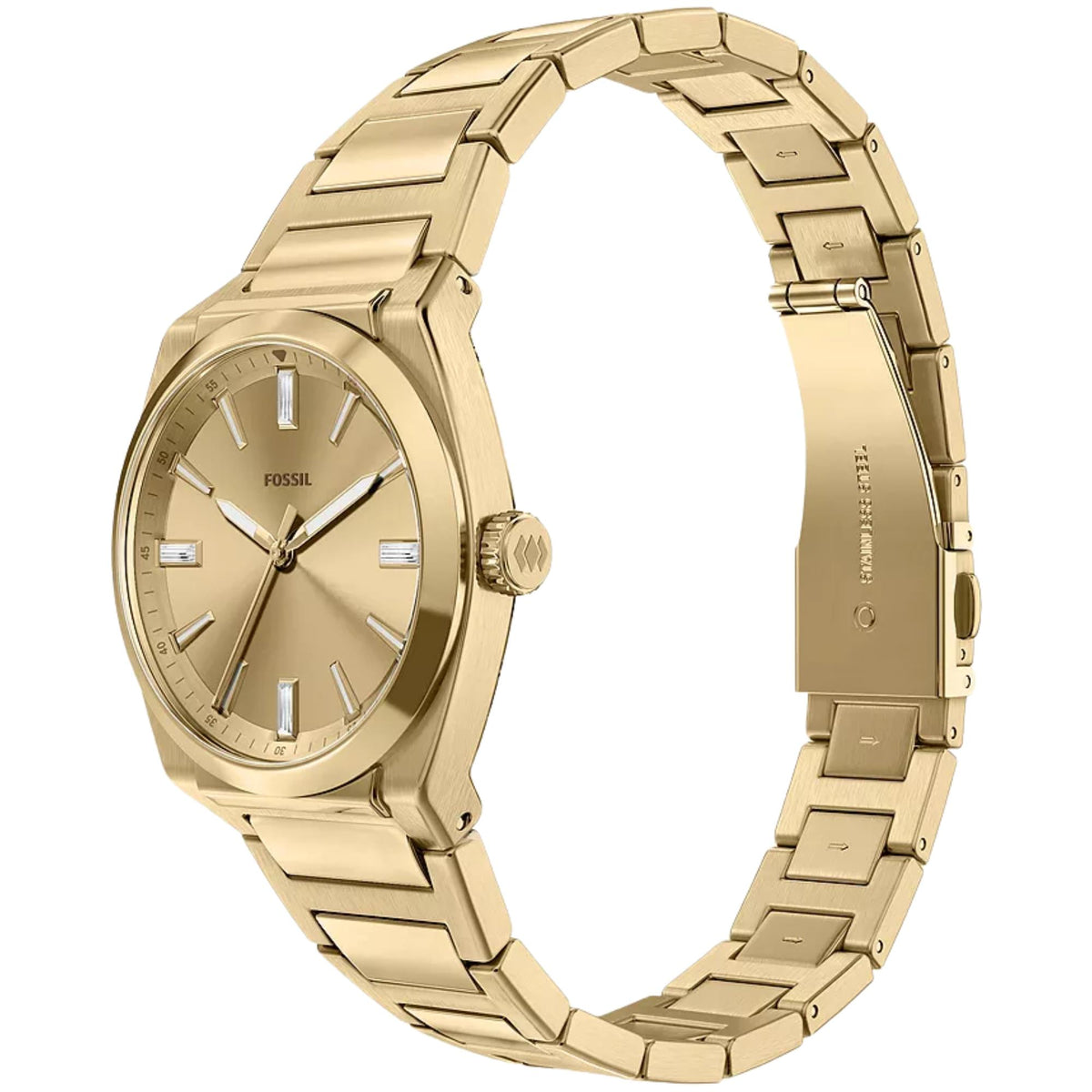Fossil Everett ES5492 ladies watch, three-quarter perspective, highlighting gold dial and gold steel bracelet