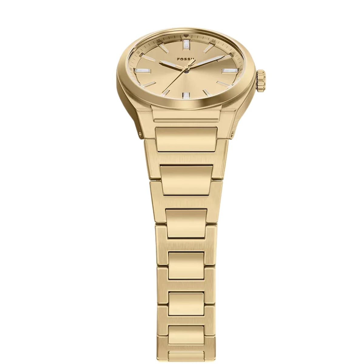 Fossil Everett ES5492 quartz timepiece top angled view showcasing gold dial, gold case, and link bracelet