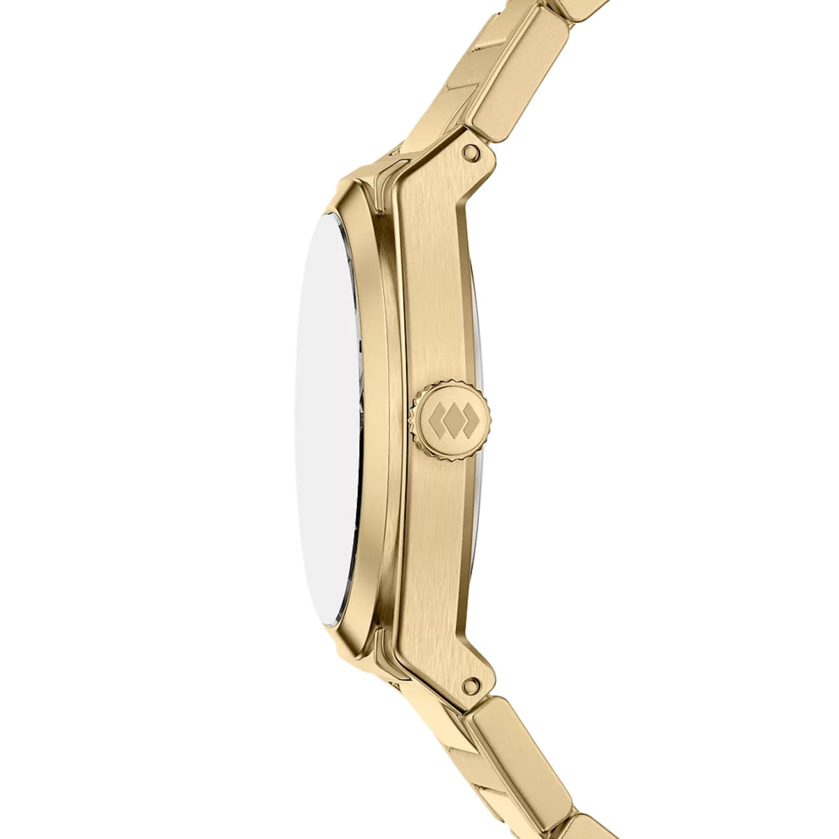 Fossil Everett ES5492 women's watch side profile showing gold-tone case and textured crown detail