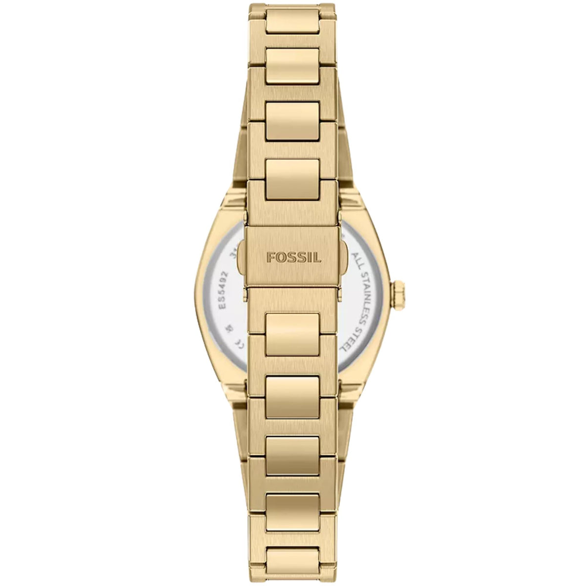 Fossil Everett ES5492 ladies timepiece rear view focusing on gold-tone deployment clasp with branded logo