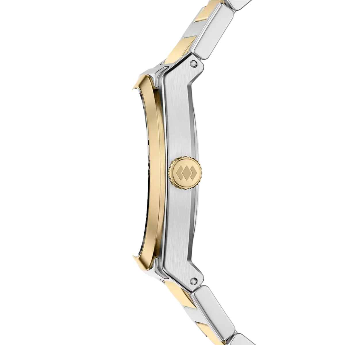 Fossil Everett ES5494 quartz watch side profile showing two-tone case with textured gold-tone crown