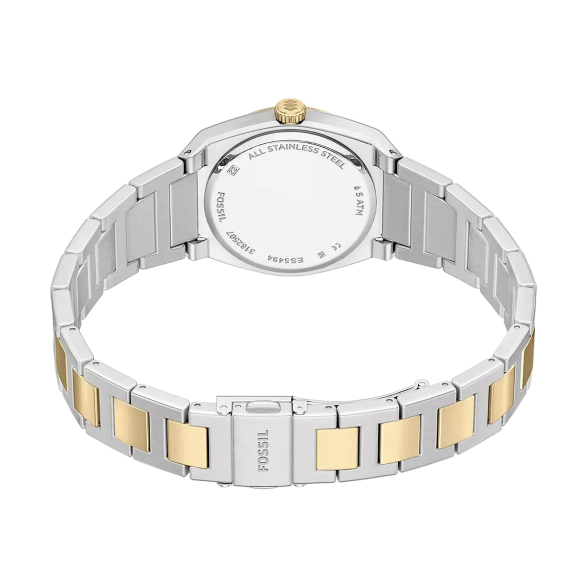 Fossil Everett ES5494 womens timepiece back perspective showcasing stainless steel caseback and folded two-tone clasp