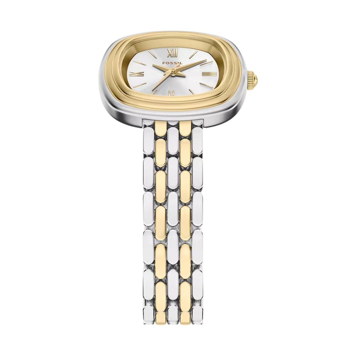 Fossil Emerson ES5509 ladies watch top angled view highlighting silver dial, gold bezel, and two-tone bracelet