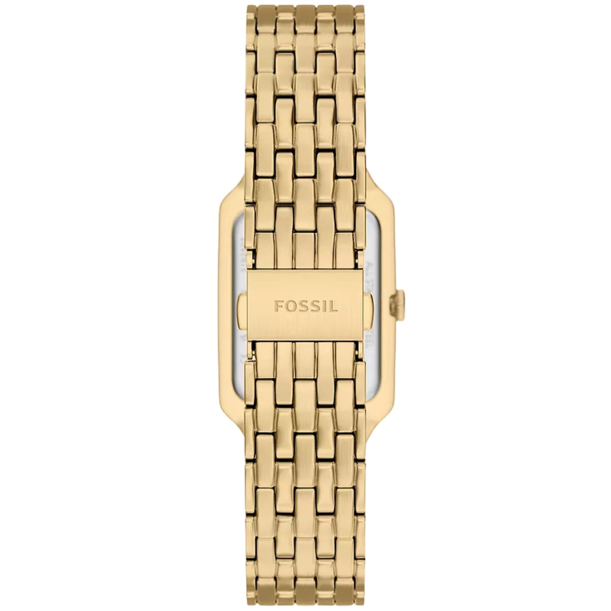 Fossil Raquel ES5512 ladies timepiece rear view displaying silver-tone caseback and gold-tone steel bracelet with engraved logo clasp