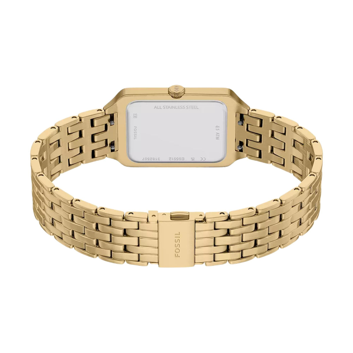 Fossil Raquel ES5512 womens timepiece back perspective showcasing stainless steel caseback and open gold-tone link bracelet