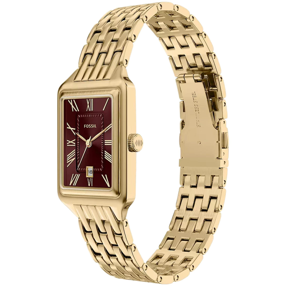 Fossil Raquel ES5512 quartz watch three-quarter view showcasing red dial, gold-tone rectangular case, and gold steel bracelet