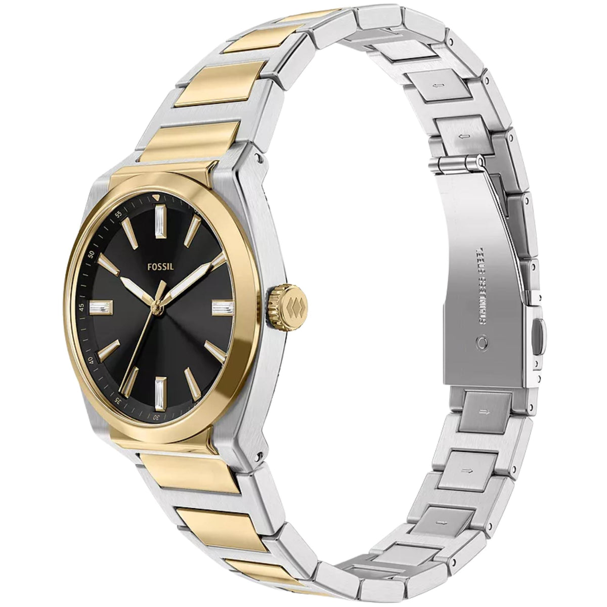 Fossil Everett ES5495 ladies timepiece side angle view featuring black dial, gold-tone crown, and two-tone stainless steel bracelet