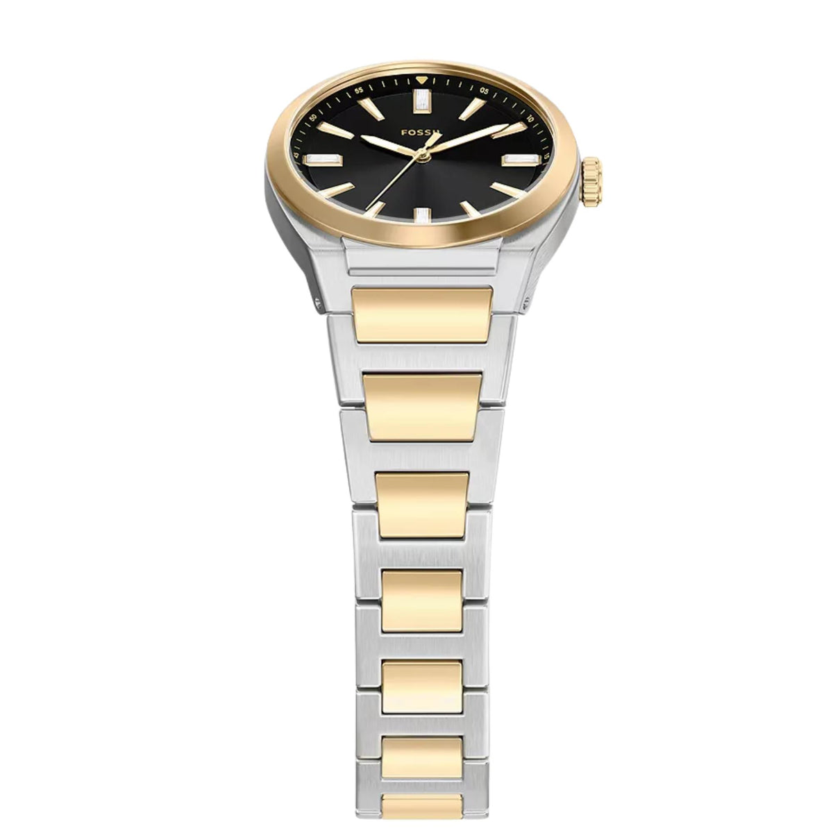 Fossil Everett ES5495 quartz watch top-down perspective highlighting black round dial and two-tone link bracelet