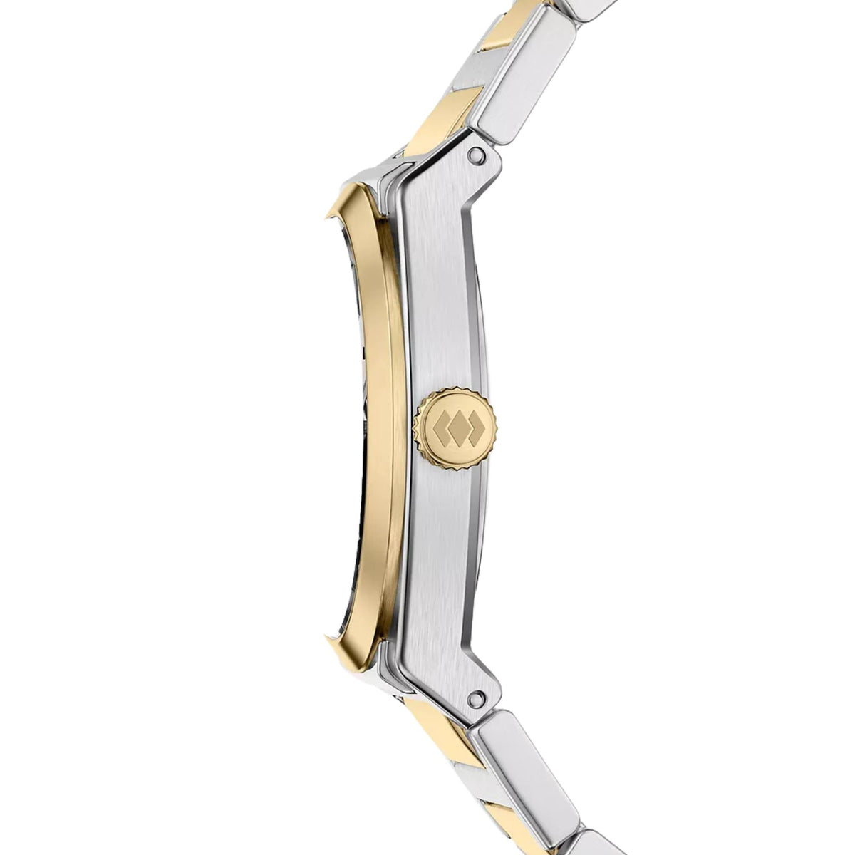 Fossil Everett ES5495 womens timepiece slim side profile showing gold-tone bezel, textured crown, and steel bracelet links