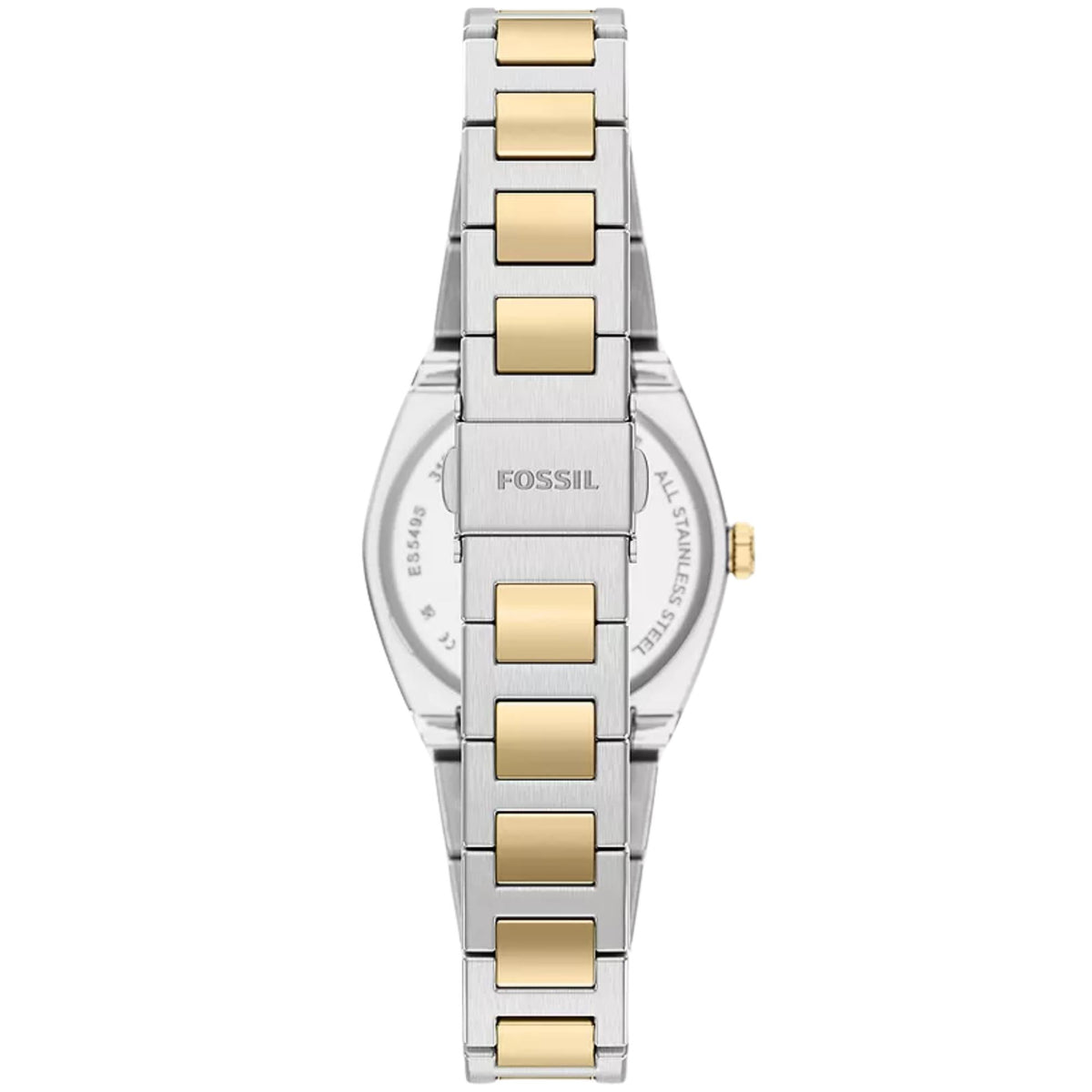 Fossil Everett ES5495 ladies watch rear view displaying stainless steel caseback and folding clasp on two-tone bracelet