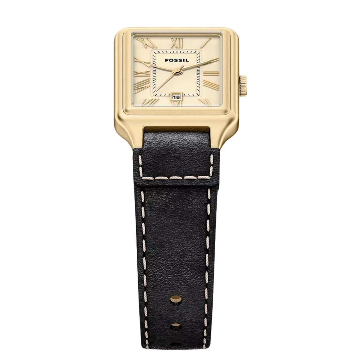 Fossil Raquel ES5505 quartz watch top-down perspective highlighting cream Roman numeral dial, date window, and black strap