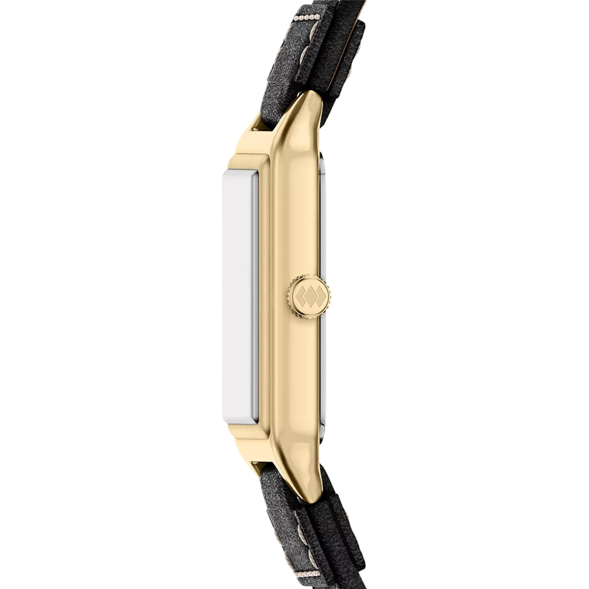 Fossil Raquel ES5505 ladies timepiece profile displaying slim gold-tone casing, textured crown, and black leather strap attachment